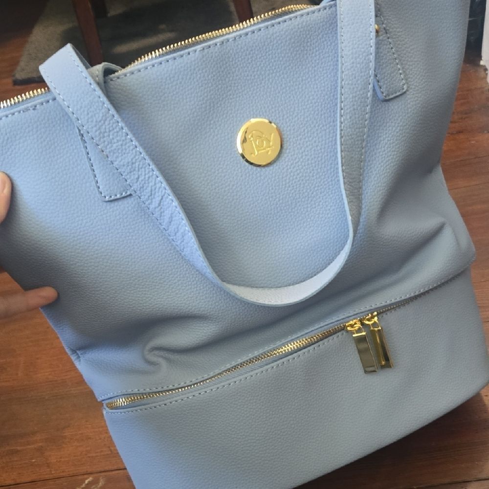 NEW Joy Mangano Blue Bag with Gold Accents. Comes With Bonus Wristlet & Tote